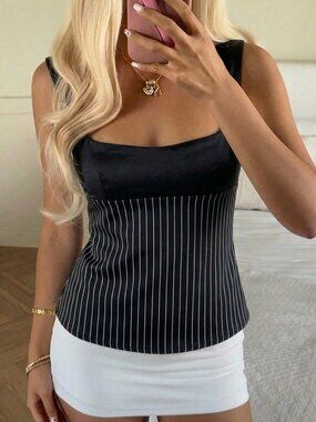 Multicolor Casual Women's Versatile Striped Backless Tie-Up Camisole Top